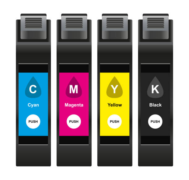 Vector cmyk ink cartridges – cyan, magenta, yellow and black colors Vector illustration of cmyk ink cartridges for inkjet printing machine which consist of cyan, magenta, yellow and black or key colors isolated on white background cartridge stock illustrations