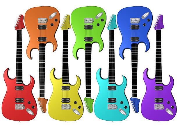 Rainbow colored electric guitars stock photo