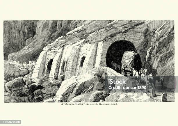 Avalanche Gallery On The St Gotthard Road Switzerland 19th Century Stock Illustration - Download Image Now