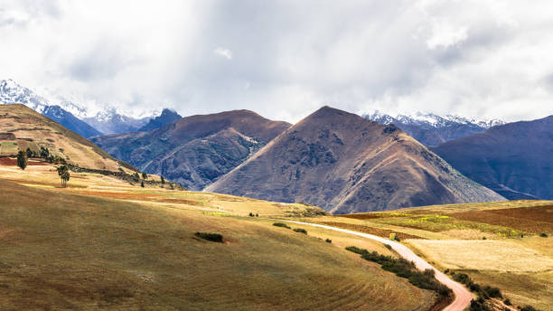 Country road into Cordillera Blanca valley and Huascaran massif at sunset – Ancash Andes near Huaraz, Peru
