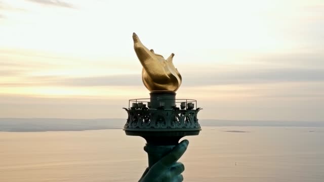 Aerial View Close Up Torch Statue of Liberty 4K