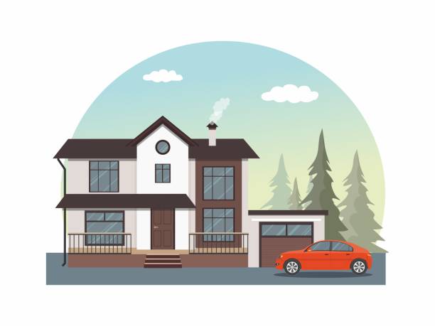 illustrations, cliparts, dessins animés et icônes de icône de façade de maison. chalet moderne avec voiture rouge isolée sur fond blanc. - driveway