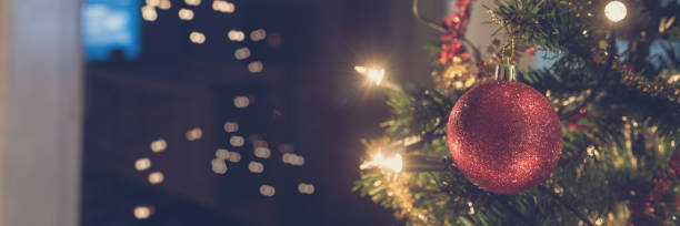 istock Wide view image of shiny red holiday bauble hanging on Christmas tree 1065485552
