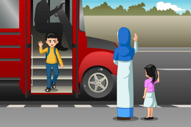 스쿨 버스 그림에서 어머니 따기까지 아이 - bus child waiting education stock illustrations