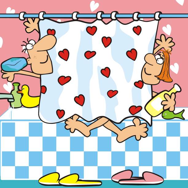 목욕탕, 남자와 여자는 목욕, 재미 있는 벡터 일러스트 레이 션에 - pair sensuality couple heterosexual couple stock illustrations