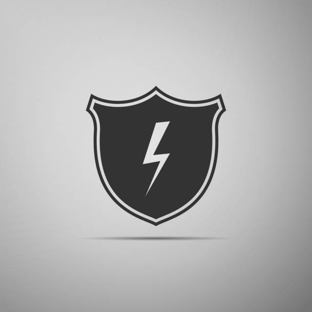 ilustrações de stock, clip art, desenhos animados e ícones de secure shield with lightning icon isolated on grey background. flat design. vector illustration - honor guard flash