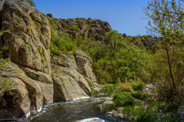 istock River in Aktovsky canyon, Ukraine. Big rocks in river, calm water. 1065490464