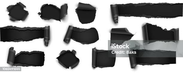 Collection Of Torn Black Paper Isolated On White Vector Illustration Stock Illustration - Download Image Now