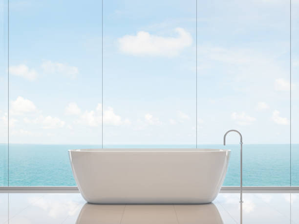 istock Minimal style bathroom with full sea view 3d render 1065492094