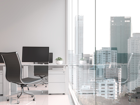A working table located by the window 3d render,There are white floor.Furnished with black and white furniture .There are large windows look out to see the city view.