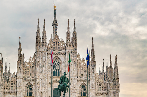 Low angle exterior view of famous duomo cathedral building of milan city, Italy
