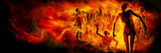 Zombies in fire banner Illustration a crowd of zombies in fire hell stock illustrations