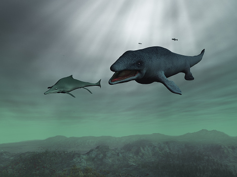 3d illustration of a Mosasaurus chasing an Ichthyosaur