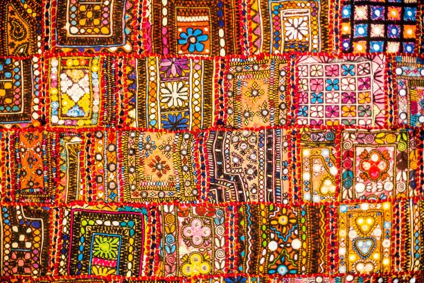 Rajasthani traditional patchwork carpet in Jaisalmer, India.