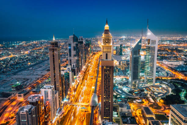 istock Modern Dubai Skyscrapers in Sheikh Zayed Road at night 1065502644