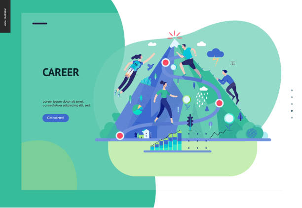 Business series - career web template Business series, color 1- career -modern flat vector illustration concept of career - people climbing the mountain. Climbing up the career ladder process metaphor Creative landing page design template one woman only stock illustrations