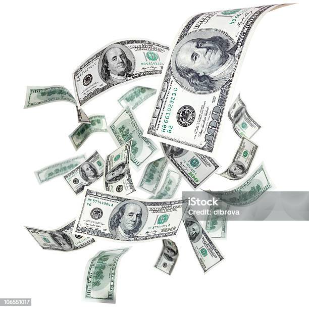 Nota De Dólar Voador - Fotografias de stock e mais imagens de Dinheiro caindo do céu - Dinheiro caindo do céu, Unidade Monetária, Voar