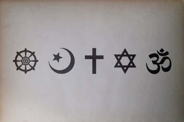 Religious symbols (Buddhism, Islam, Christianity, Judaism, and Hinduism) Religious symbols (Buddhism, Islam, Christianity, Judaism, and Hinduism) printed on an old paper. religious symbol stock pictures, royalty-free photos & images