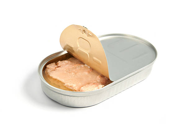 A slightly opened tin of pink salmon stock photo