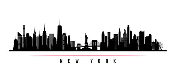 뉴욕시의 스카이 라인 수평 배너입니다. 미국, 뉴욕 시의 그림자는 흑인과 백인. 디자인을 위한 벡터 템플릿입니다. - new york city new york state statue of liberty skyline stock illustrations