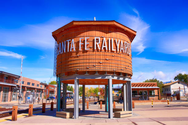 The refurbished water tower in the railyard art district of Santa Fe, New Mexico The refurbished water tower in the railyard art district of Santa Fe, New Mexico santa fe new mexico stock pictures, royalty-free photos & images