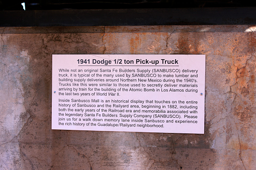 1941 Dodge Pick-up truck display plaque at the car park on Montezuma Ave in Santa Fe, New Mexico USA