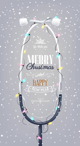 Merry Christmas and Happy new year holiday medical background with stethoscope Merry Christmas and Happy new year holiday medical background with stethoscope, Christmas lights and snowflakes. Vector illustration doctor borders stock illustrations