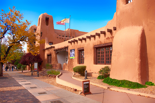 Outside the New Mexico Museum of Art on W Palace Street in downtown Santa Fe, New Mexico USA