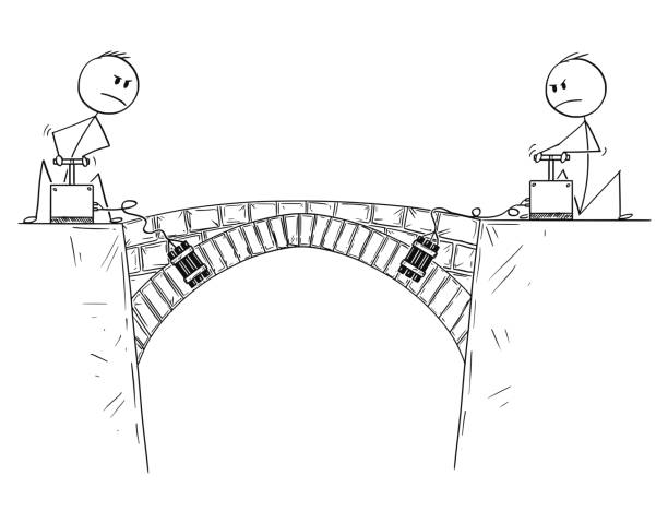 kreskówka dwóch mężczyzn, polityków lub biznesmenów gotowych zniszczyć most między nimi - people in a row in a row business office worker stock illustrations