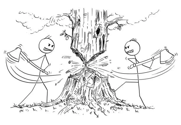 Vector illustration of Cartoon of Two Lumberjacks With Ax Who Are Cutting Down Tree From Opposite Sides