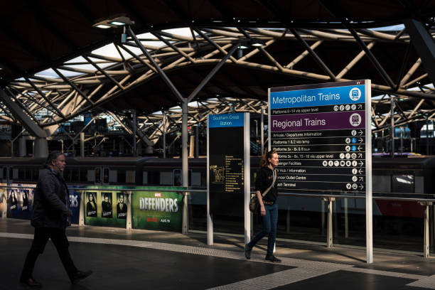Melbourne, Australia - August 31, 2017: People walk inside Southern Cross Station, a train station and major transportation hub in Melbourne\