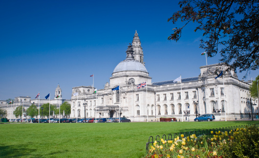 Aerial view over Plymouth Hoe with historic Naval Memorial