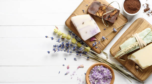 istock Handmade natural Soap with Dried lavender on a white wooden background 1065565974