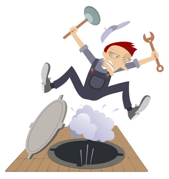 Worker, water and steam gushing from the sewer manhole illustration Frightened worker with spanner and plunger is tossed up by water and steam gushing from the sewer manhole isolated on white natural gas pipeline clip art stock illustrations
