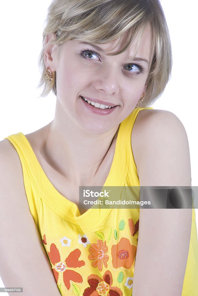 Lifestyle picture of one young woman isolated over white  Adult Stock Photo
