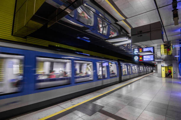 Munich, Bavaria, Germany - 22 August 2018: U-Bahn inside in motion with stylish modern platforms and stations