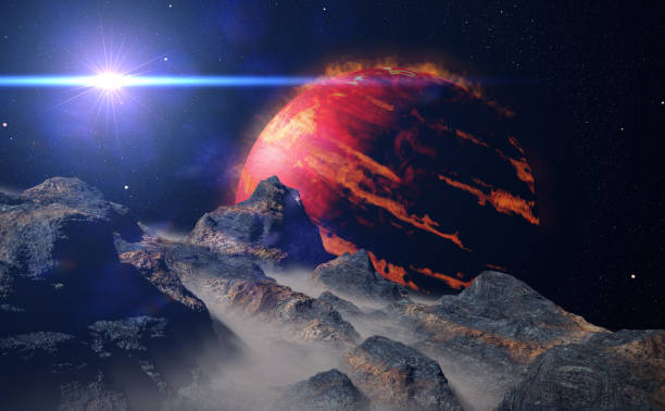 istock landscape on alien moon orbiting a gas giant exoplanet, hot Jupiter class planet 1065604274