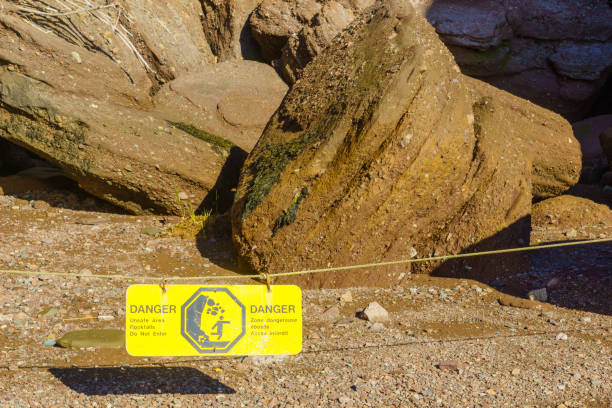 istock Warning sign regarding rock fall in Hopewell Rocks 1065604318