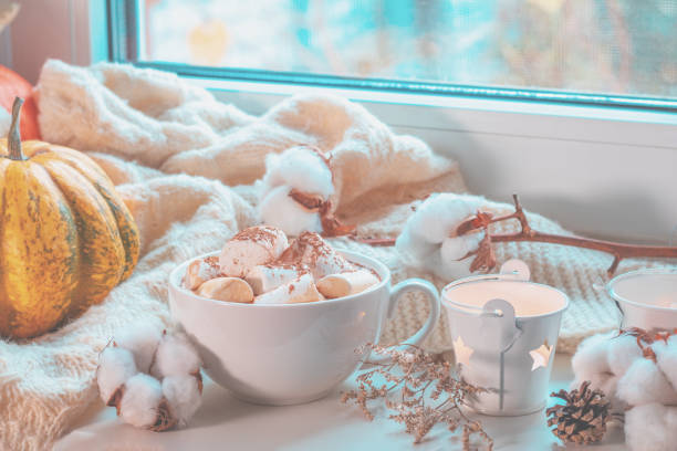 istock Cup of coffee with marshmallow on windowsill, cozy home concept 1065605852