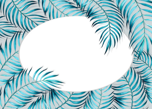 istock Watercolor frame with tropical palm leaves on gray background 1065609050