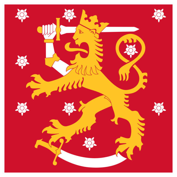 illustrazioni stock, clip art, cartoni animati e icone di tendenza di bandiera finlandese di naval jack, leone araldico con spada che cammina sulla sciabola, rose sullo sfondo. - naval flag