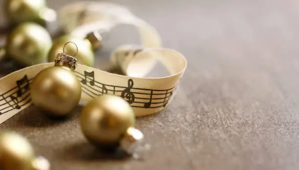 Christmas baubles and ribbon with music notes.