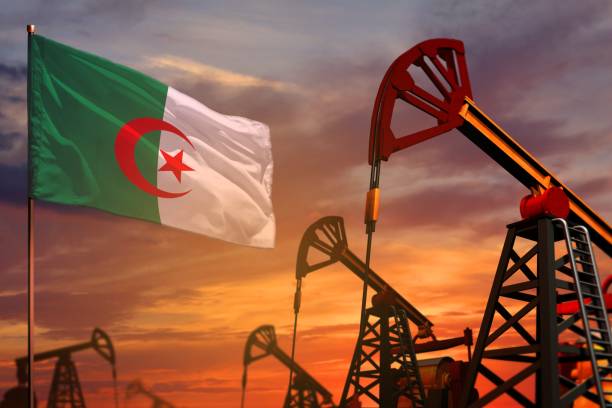 Algeria oil industry concept. Industrial illustration - Algeria flag and oil wells with the red and blue sunset or sunrise sky background - 3D illustration Algeria oil industry concept, industrial illustration. Algeria flag and oil wells and the red and blue sunset or sunrise sky background - 3D illustration algeria stock pictures, royalty-free photos & images