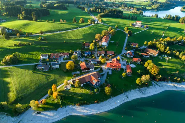 Village by Forggensee lake, Schwaben - Swabia, Bavarian Alps, Bavaria, Germany.