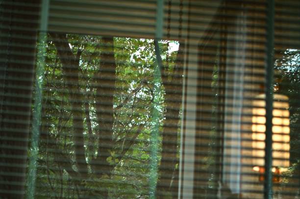 istock Evening sun light outside wooden window blinds, sunshine and shadow on window blind and Granite tile wall, decorative interior home 1065635874