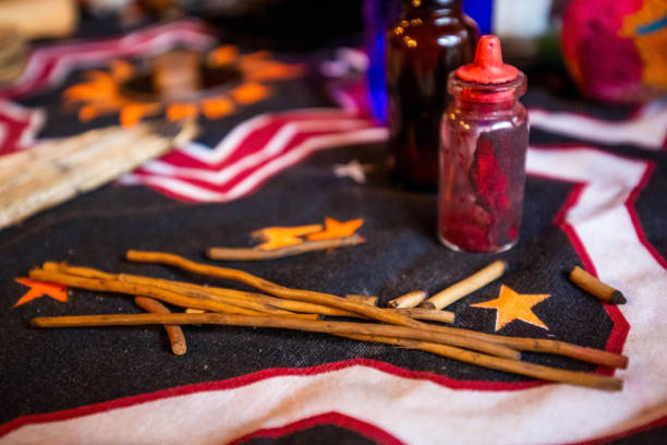 Shaman spiritual tools on the table close up Shaman spiritual tools on the table isolated ayahuasca stock pictures, royalty-free photos & images