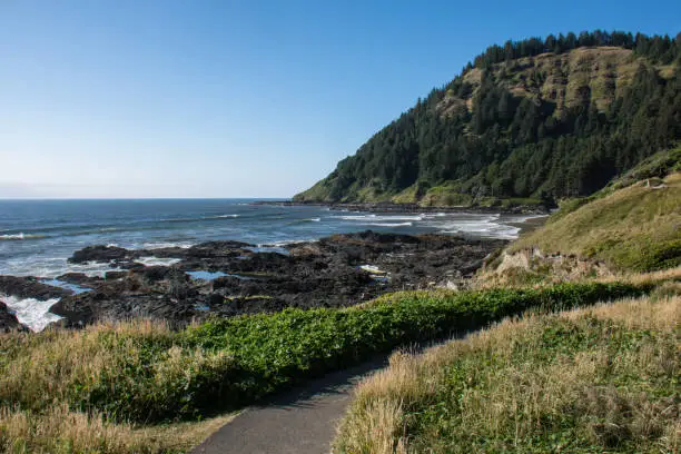 Photo of Rocky ocean shoreline during low tide at the Scenic Cape Perpetua area along the Oregon Coast, along the Pacific Coast Highway
