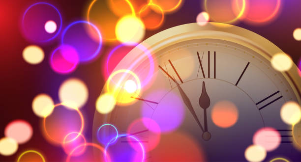 istock Happy New Year shiny card with golden round clock. 1065644520