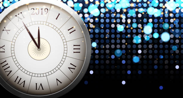 istock Blue Happy New Year 2019 shiny poster with round clock. 1065644612