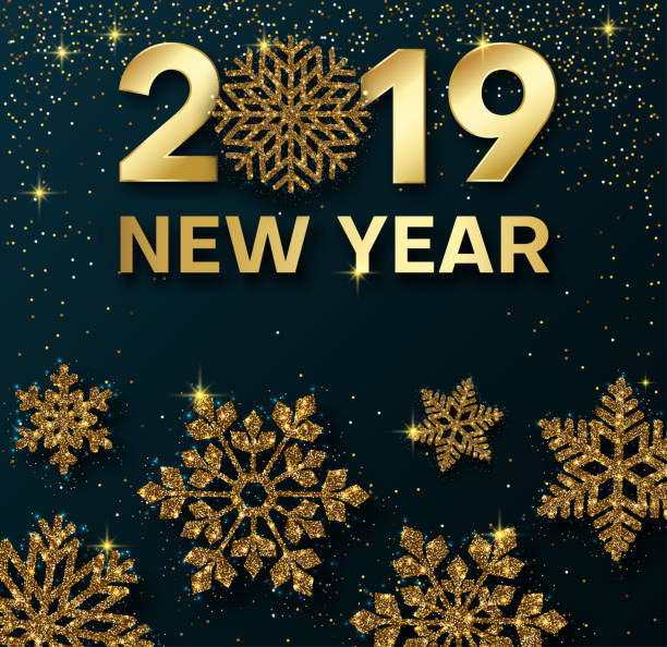 istock Happy New Year 2019 shiny greeting card with golden snowflakes. 1065644740